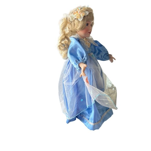 Vintage Porcelain Doll, Blue Satin Dress, 14 Inches Tall - Doll Stand Included - Picture 4 of 12